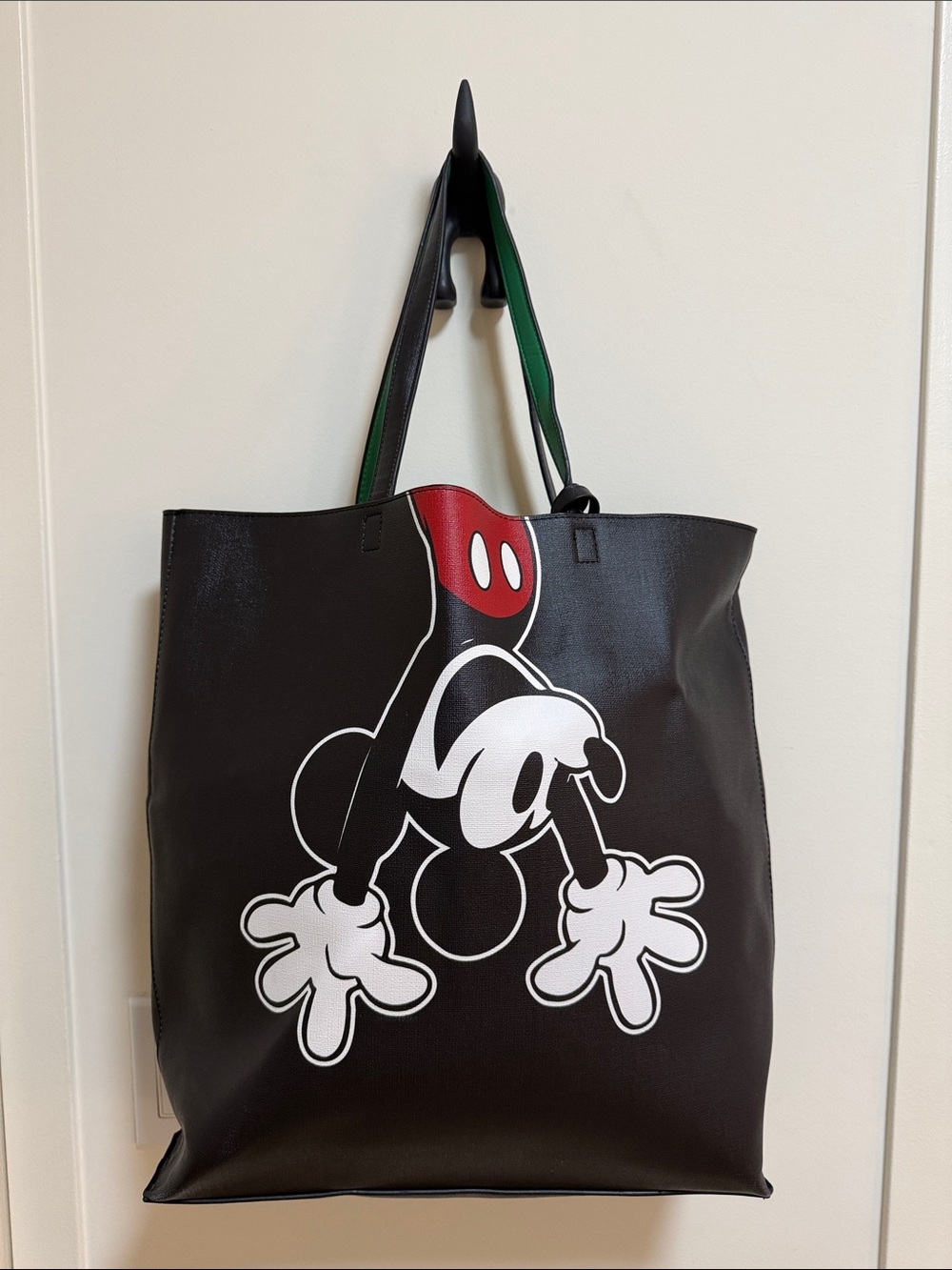 Vintage Leather Black Mickey Graphic Tote Bag with Red Accent